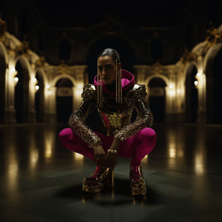 NADA frame, gold armor crouch in gilded hall