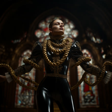 NADA frame, gold rope and black couture under stained glass
